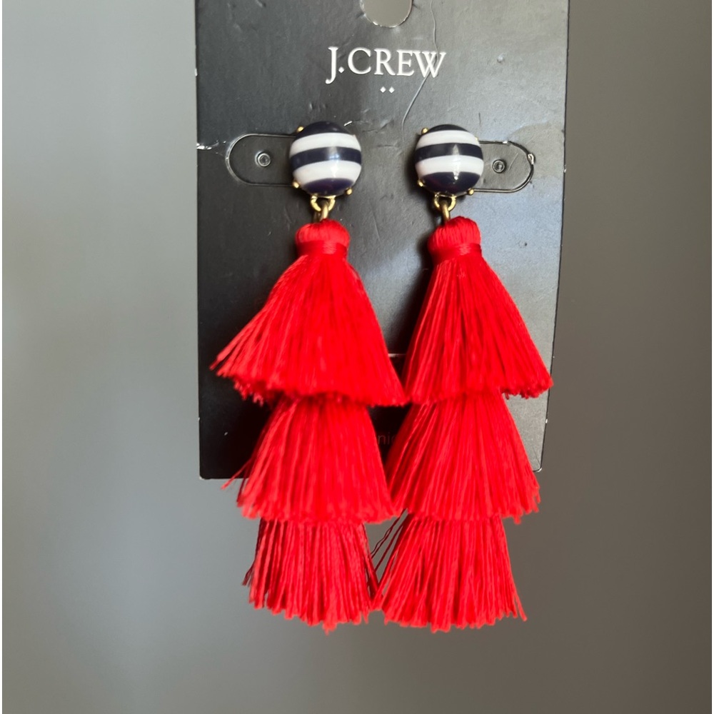 New tassel J. Crew Earrings Navy and white stripes- red white and blue!